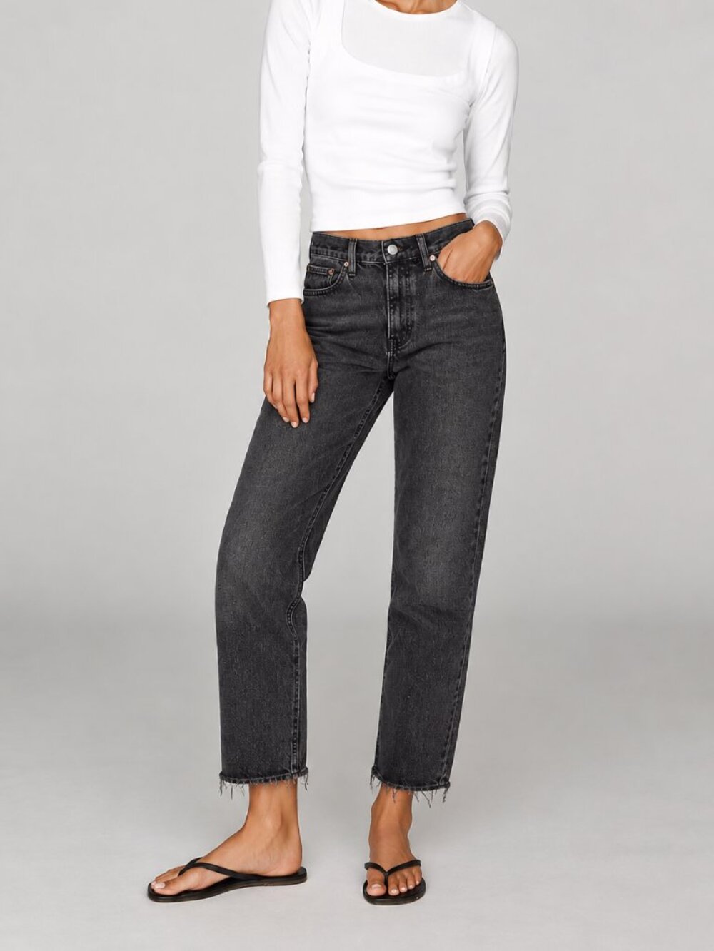 Hollister Washed Black High Rise Mom Jeans Raw Hem 90s Grunge